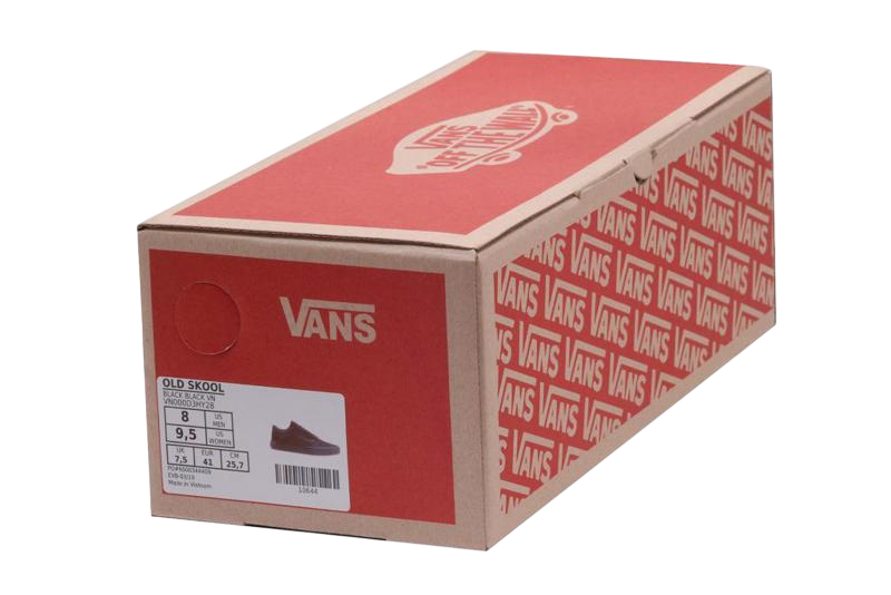 Caja original Vans con impresión en rojo sobre cartón